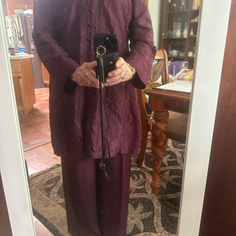 Eileen Fisher crinkled silk Mandarin style tunic and pants